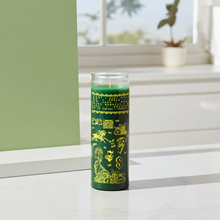Casino & gambler green 7 day candle glass prayer candle for luck-themed altar decor, meditation, and devotional use.