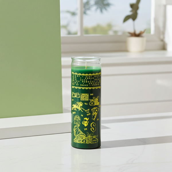 Casino & gambler green 7 day candle glass prayer candle for luck-themed altar decor, meditation, and devotional use.