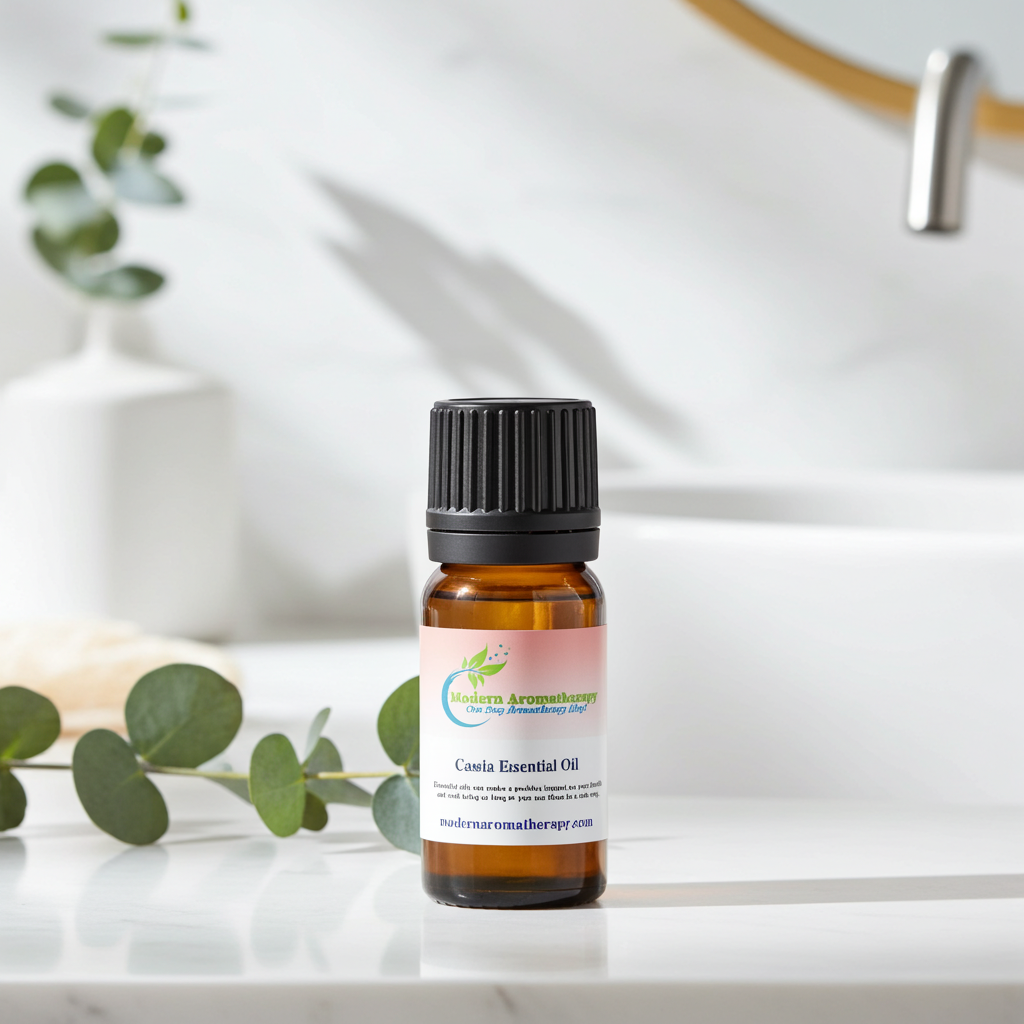 Cassia essential oil bottle for aromatherapy, diffuser use, and warming home fragrance blends.