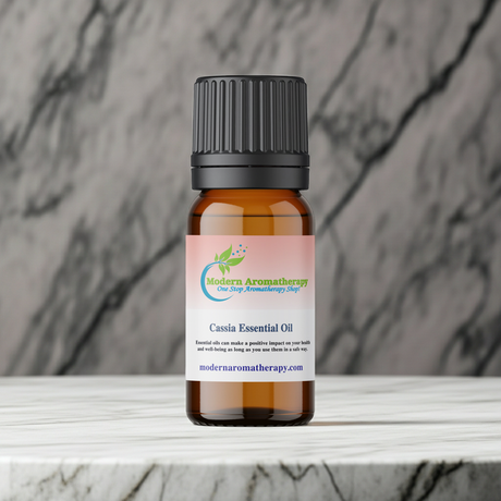 Cassia essential oil bottle for diffuser blends, cozy room scenting, and seasonal aromatherapy use.
