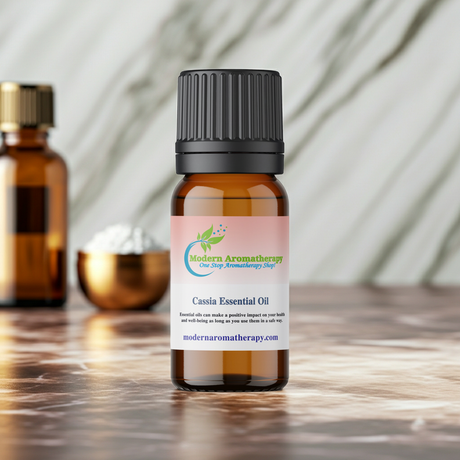Cassia oil essential oil glass bottle for diffuser recipes, massage oil mixing, and fragrance layering.