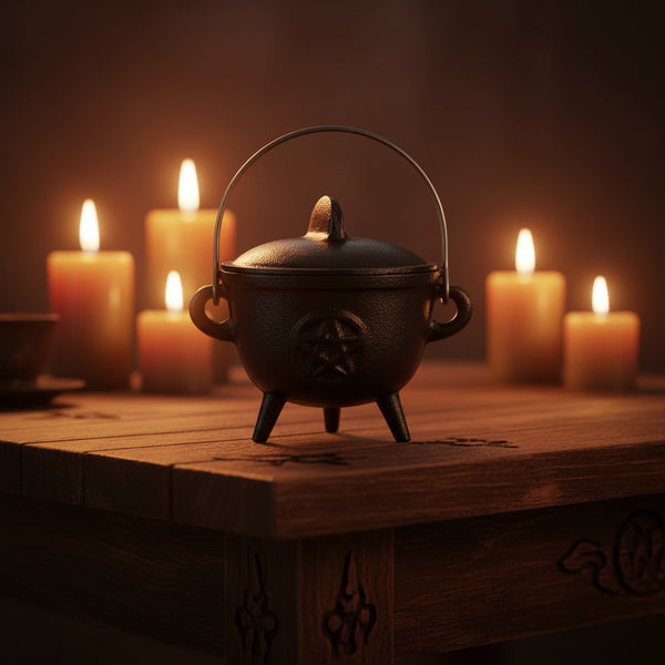 Cast Iron Cauldron with Pentacle Design, 4.25 inches