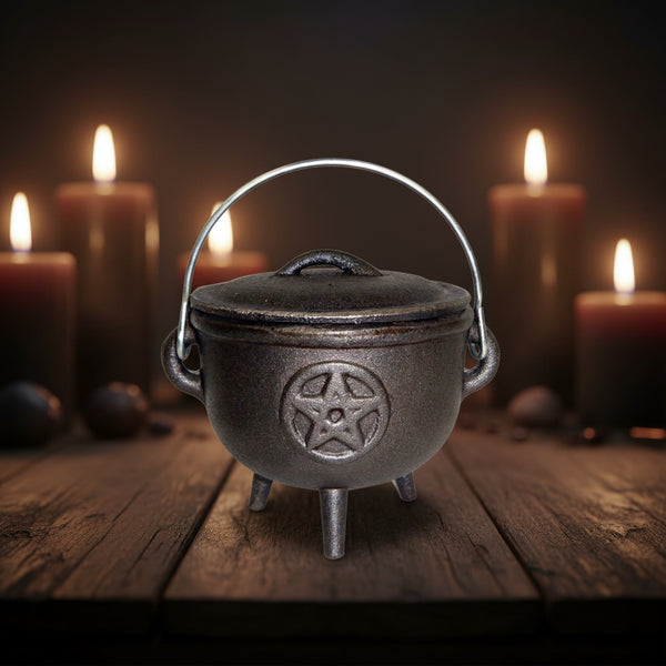 Cast Iron Cauldron with Pentacle Design, 4.5 inches
