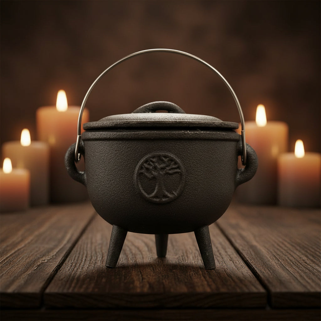 Cast Iron Cauldron with Tree of Life Design, 4.5 inches