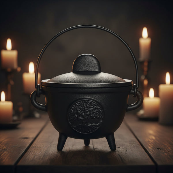 Cast Iron Cauldron with Tree of Life Design, 4.5 x 4.5 inches