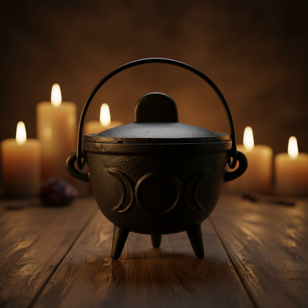 Cast Iron Cauldron with Triple Moon Design, 4.5 x 4.5 inches