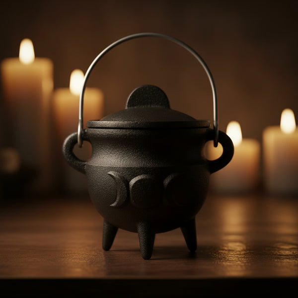Cast Iron Cauldron with Triple Moon Design and Lid, 4.5 x 3 inches