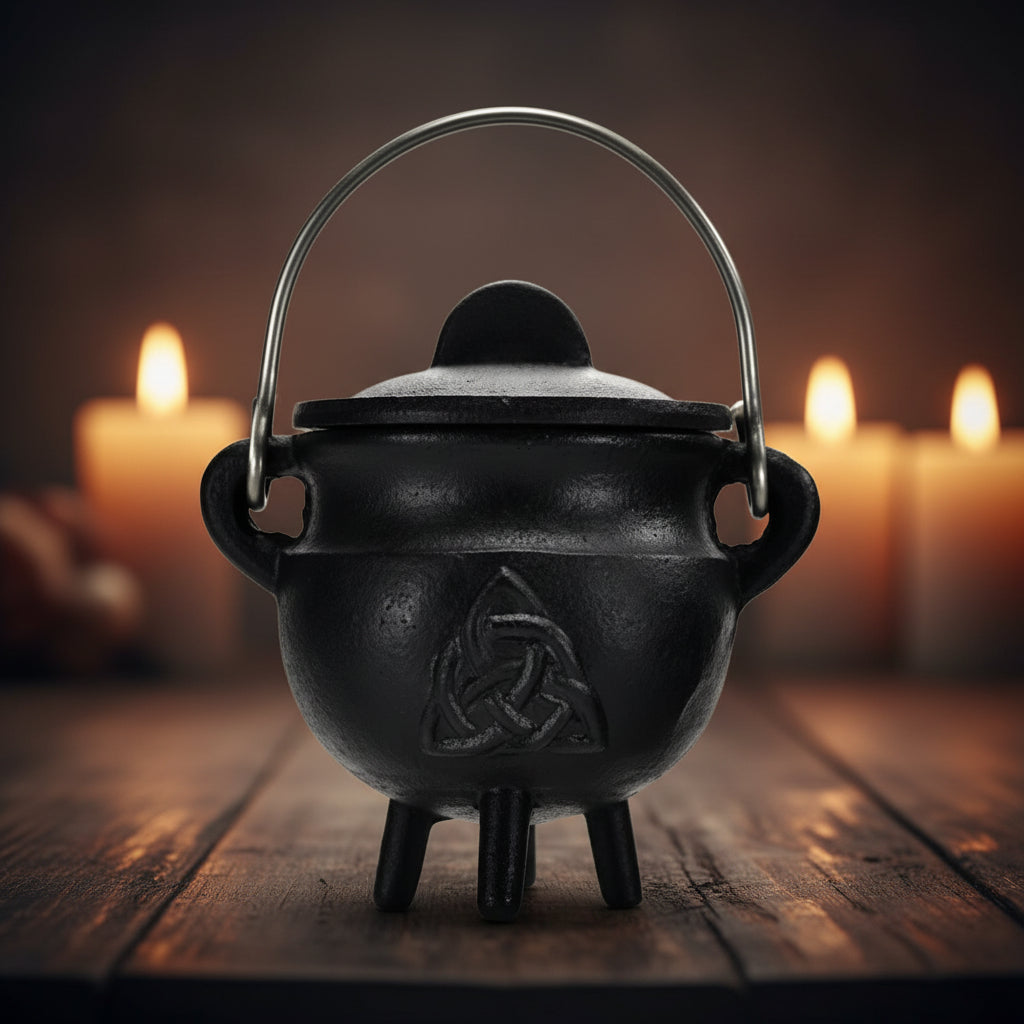 Cast Iron Cauldron with Triquetra Design, 3 x 2.75 inches, with lid