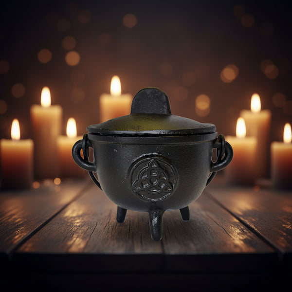 Cast Iron Cauldron with Triquetra Design, 4.5 x 4.25 inches
