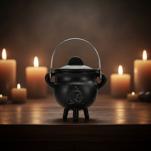 Cast Iron Cauldron with Triquetra Design and Lid, 4.5 x 4.25 inches