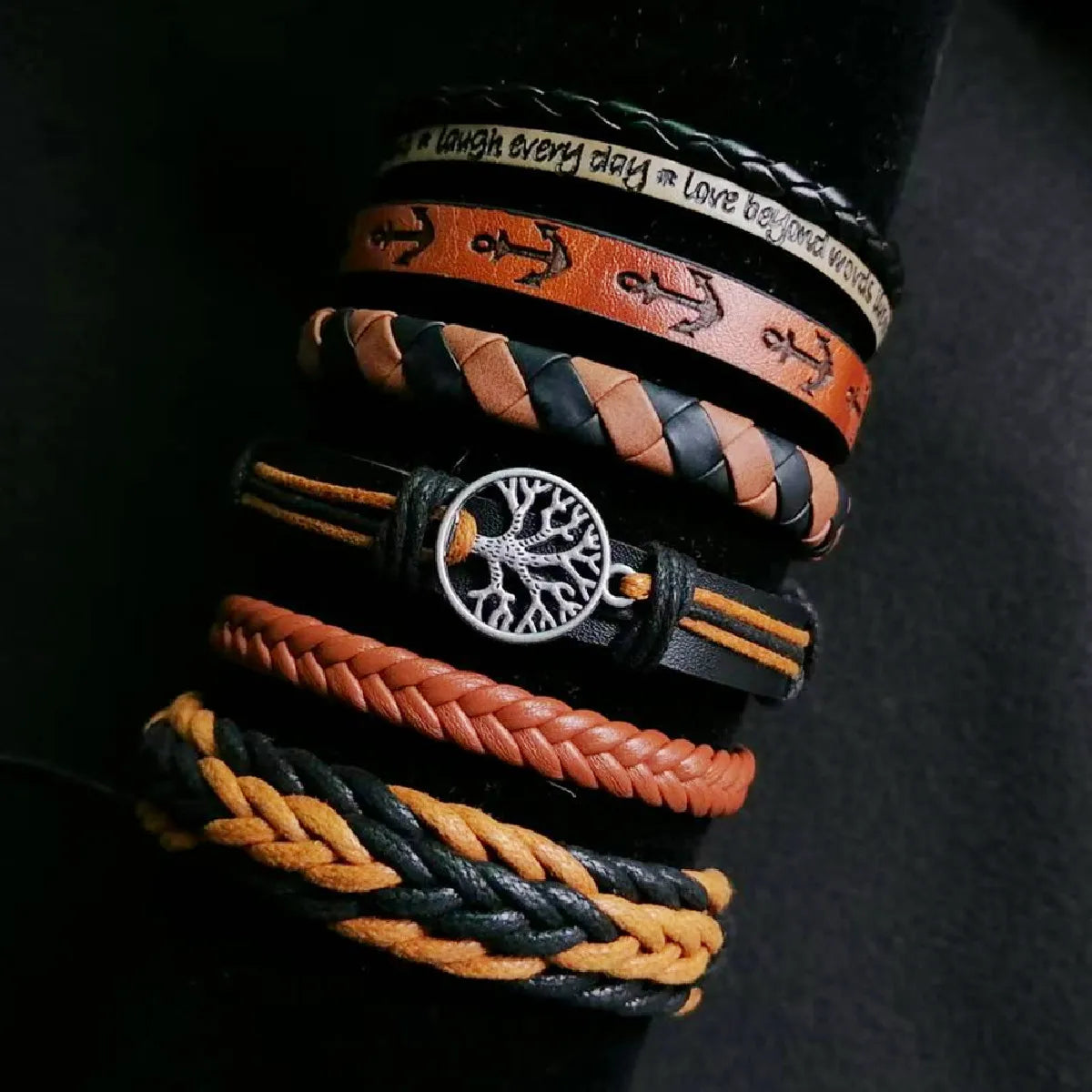 Casual handmade bracelet stack with leather and bead bracelets for daily wear, wrist styling, and relaxed fashion looks.