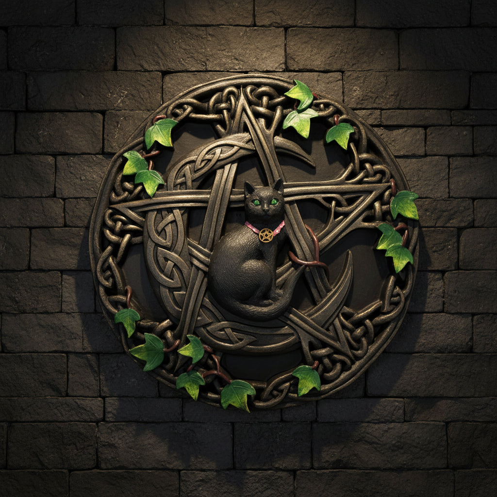 Cat and Pentagram Wall Plaque, 7.5 inches, resin