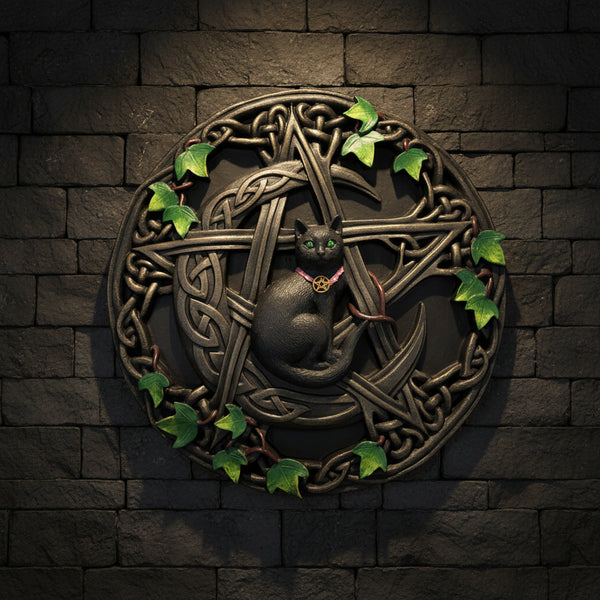 Cat and Pentagram Wall Plaque, 7.5 inches, resin