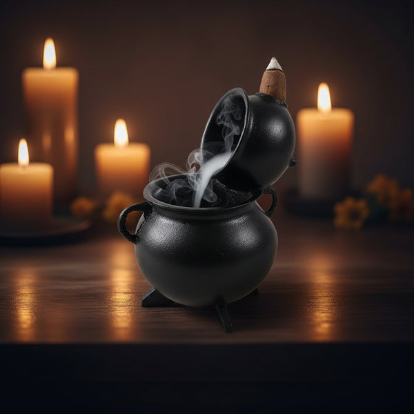 Cauldron Backflow Incense Burner, 5 x 5 inches, polyresin