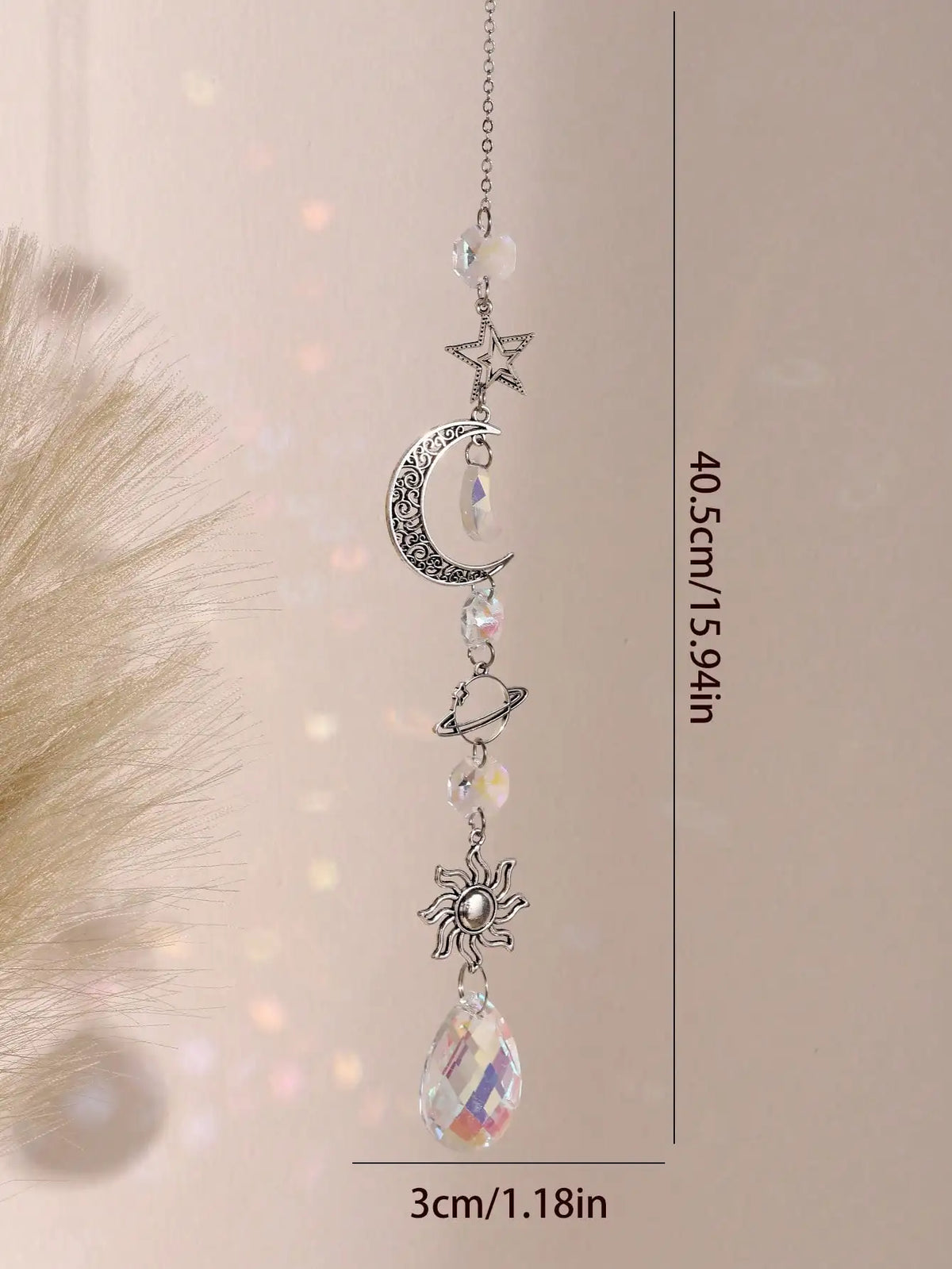 Celestial crystal Star and Moon wall hanging for spiritual décor, sun-catching display, and decorative window styling.