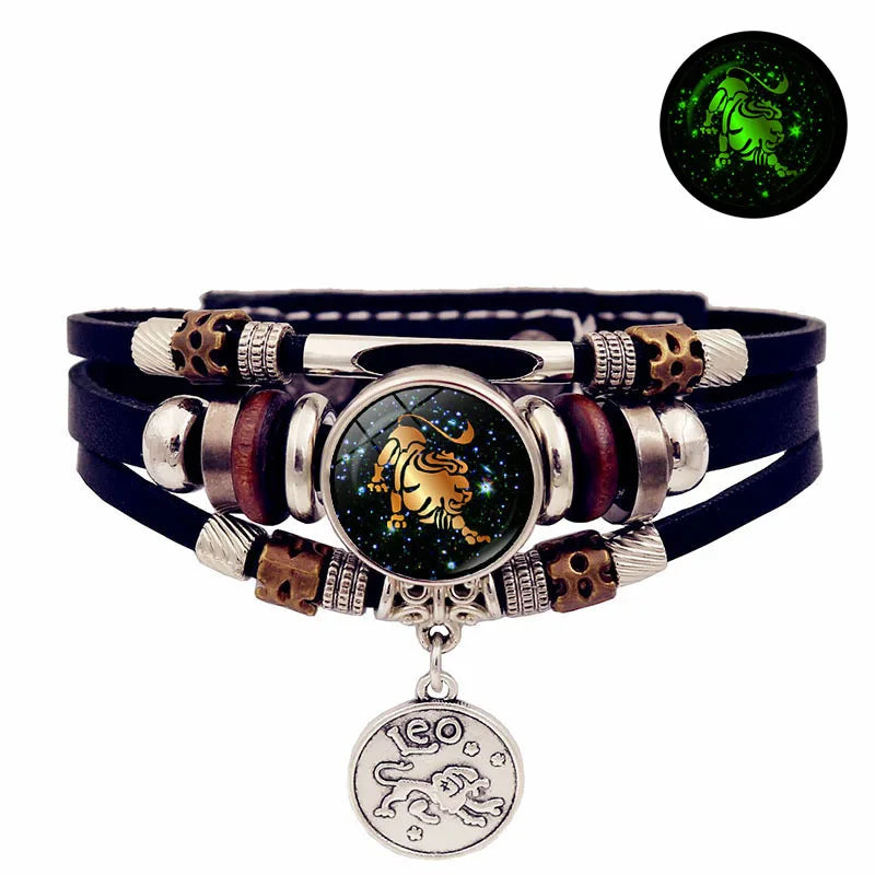 Celestial glow zodiac leather bracelet for astrology-inspired accessorizing, everyday fashion styling, and unisex wristwear.