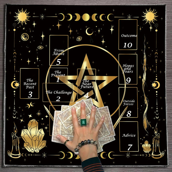 Moon Phase Pentagram Tarot Altar Cloth fabric altar cloth for tarot readings, moon rituals, and spiritual altar setup.
