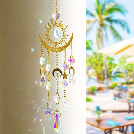 Celestial Star & Moon wind chime suncatcher for patio decor, window sunlight reflection, and peaceful garden ambiance.
