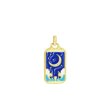 Celestial tarot card enamel pendant for symbolic fashion, spiritual gifting, and layered necklace styling.