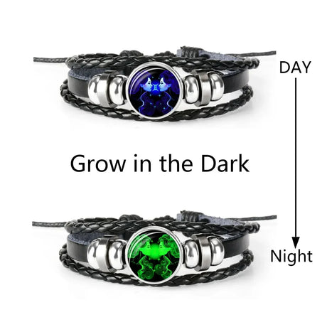 Celestial Zodiac Sign Luminous Leather Charm Bracelet with glowing zodiac charms for astrology-inspired styling and everyday accessory wear.