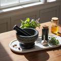 Celtic Black mortar and pestle set for grinding herbs, spices, and ritual ingredients.