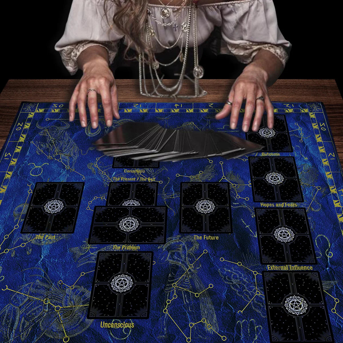 Celtic Cross mystic Tarot table cloth for tarot practice, ritual work, and divination table styling.