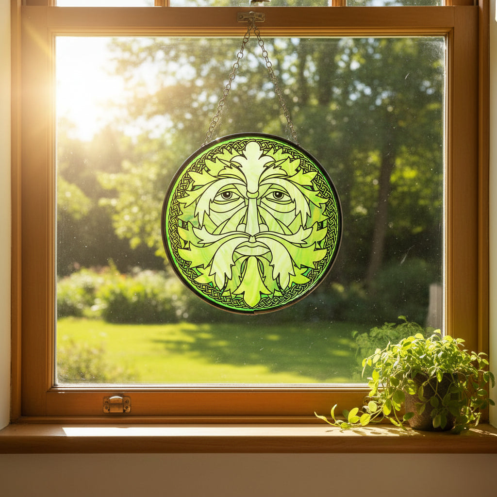 Celtic Green Man Glass Suncatcher, 6 inches
