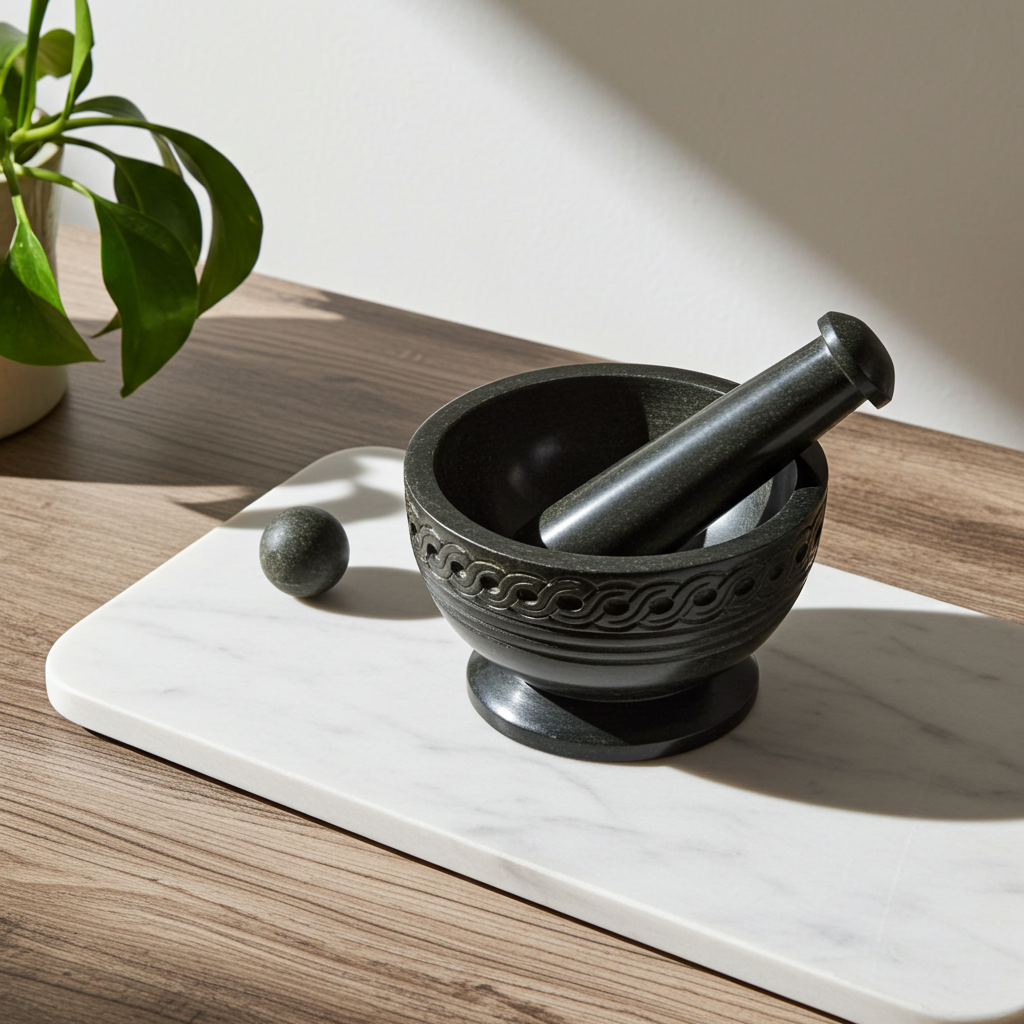 Celtic mortar and pestle set for grinding herbs, spices, resins, and ritual ingredients.