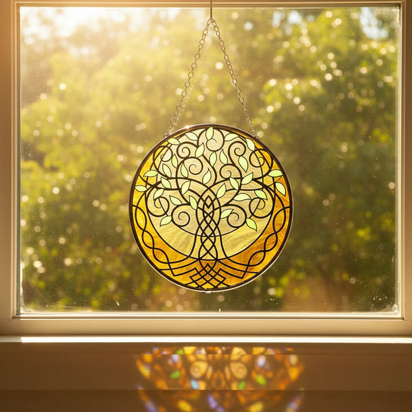 Celtic Tree of Life Glass Suncatcher, 6 inches, green and yellow