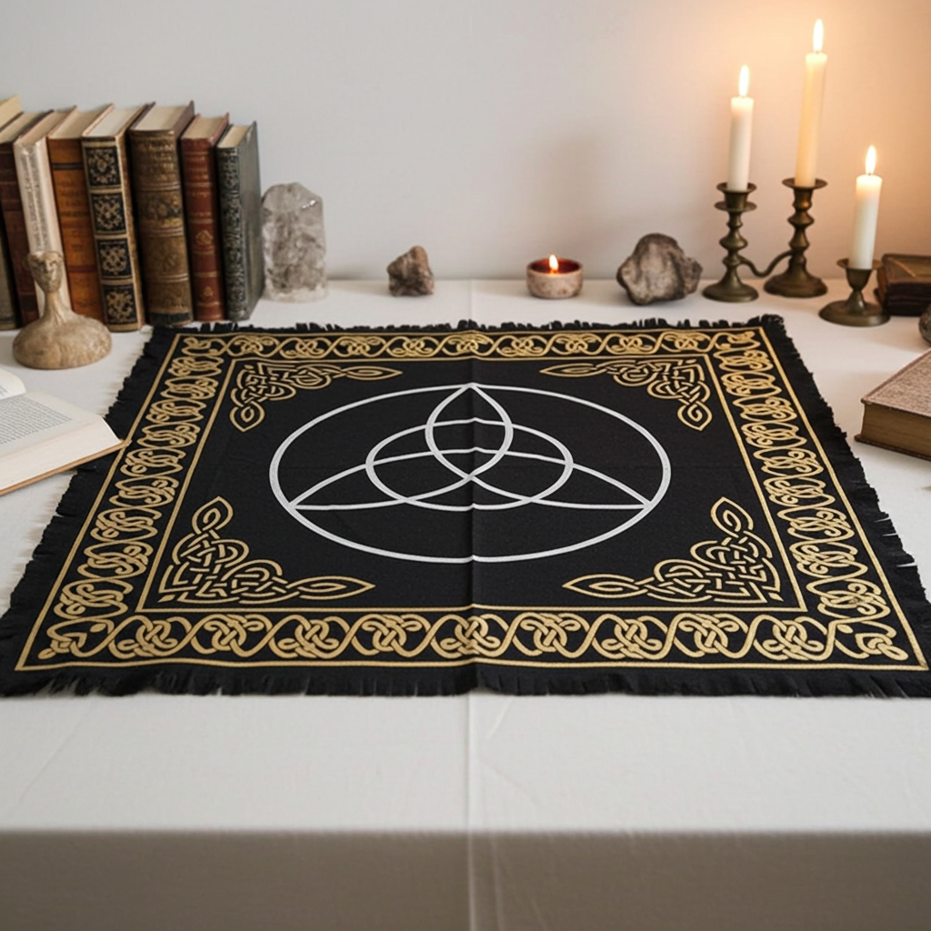 Celtic Triquetra altar cloth table covering for pagan rituals, altar setup, and spiritual practice.
