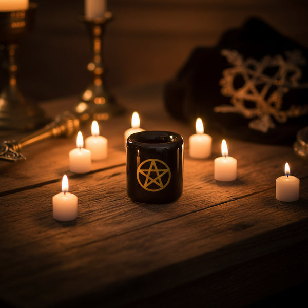 Ceramic Chime Candle Holder, Black with Gold Pentacle