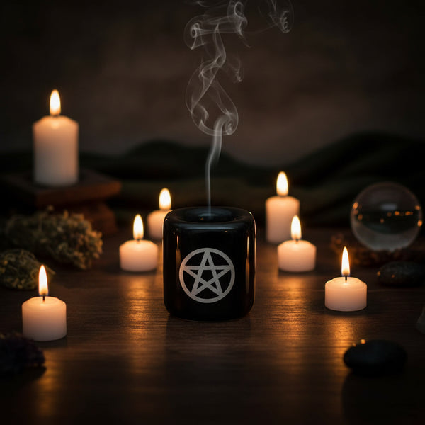 Ceramic Chime Candle Holder, Black with Silver Pentacle