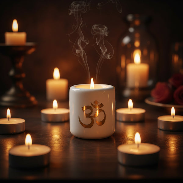 Ceramic Chime Candle Holder, White with Gold Om Symbol