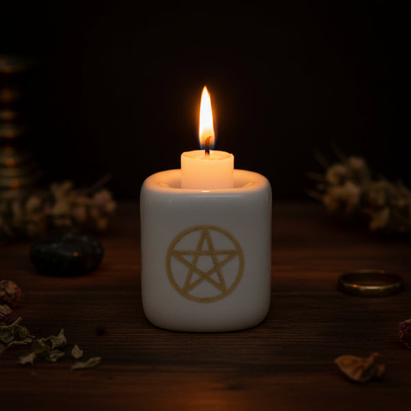 Ceramic Chime Candle Holder, White with Gold Pentacle