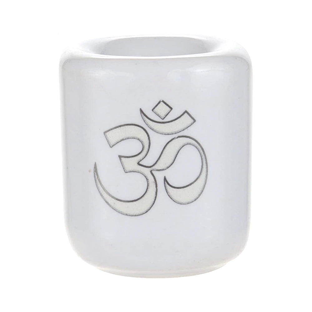 Ceramic Chime Candle Holder, White with Silver Om Symbol