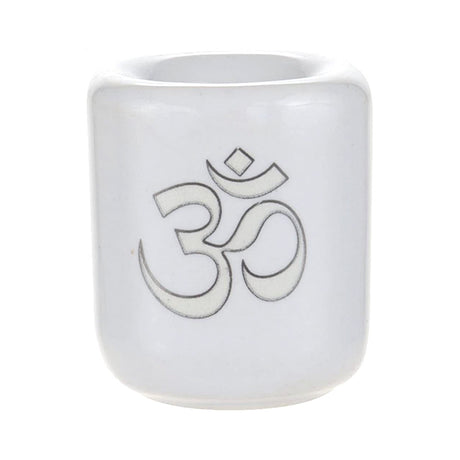 Ceramic Chime Candle Holder, White with Silver Om Symbol