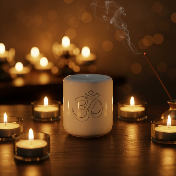 Ceramic Chime Candle Holder, White with Silver Om Symbol