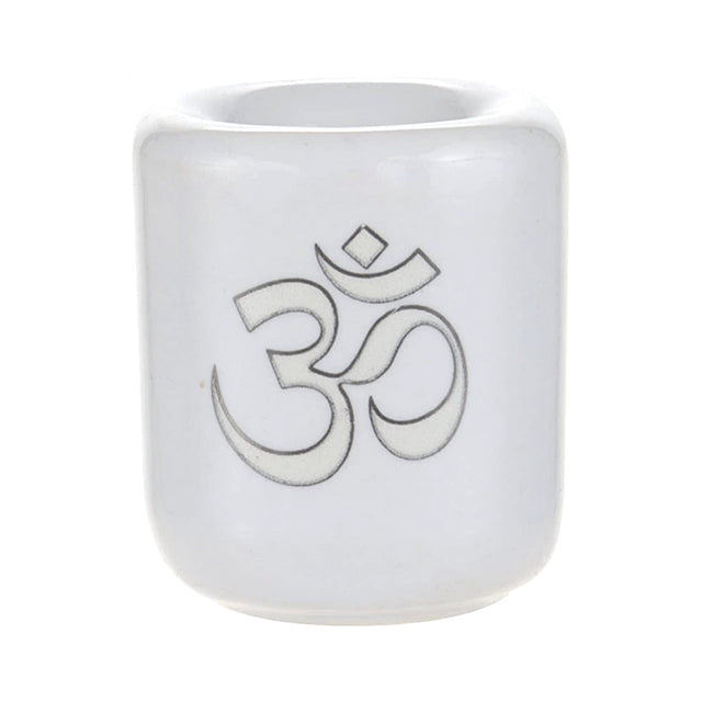 Ceramic Chime Candle Holder, White with Silver Om Symbol