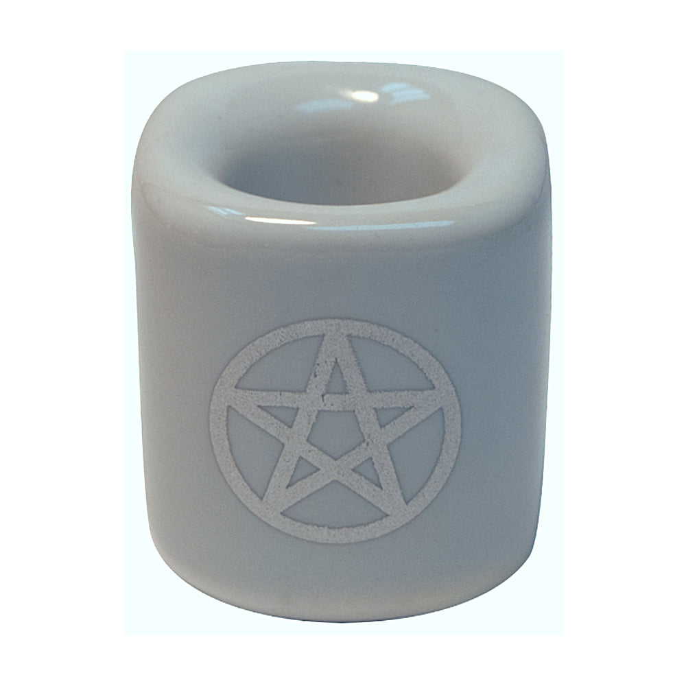Ceramic Chime Candle Holder, White with Silver Pentacle