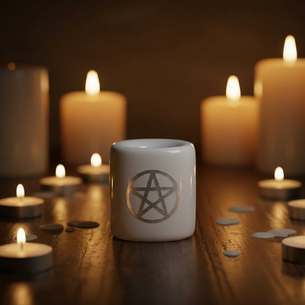 Ceramic Chime Candle Holder, White with Silver Pentacle