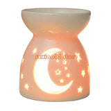 Ceramic fragrance oil burner and warmer for releasing pleasant scents with tealight heat in living spaces.