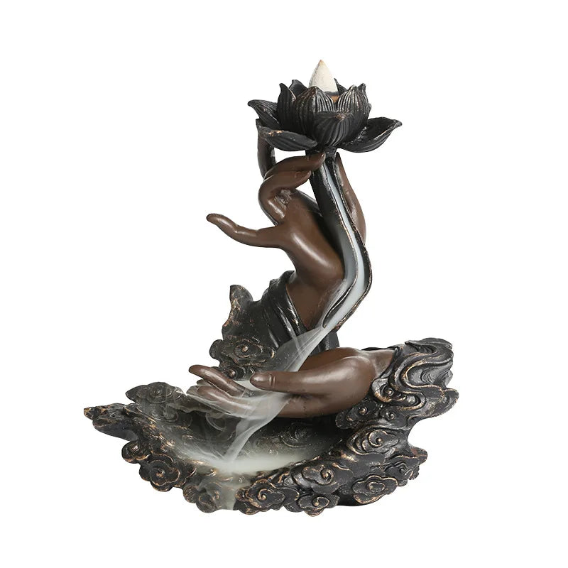 Ceramic Lotus Buddha backflow cone incense burner for aromatherapy, meditation practice, and relaxing indoor use.