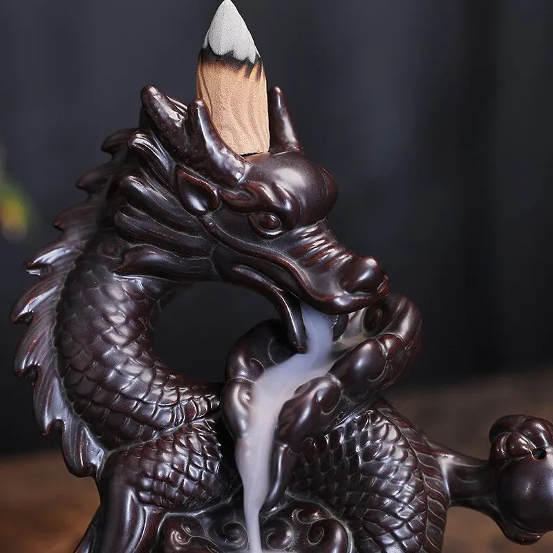 Lotus Dragon Ceramic Backflow Incense Burner ceramic cone holder for waterfall smoke effect, meditation sessions, and peaceful surroundings.