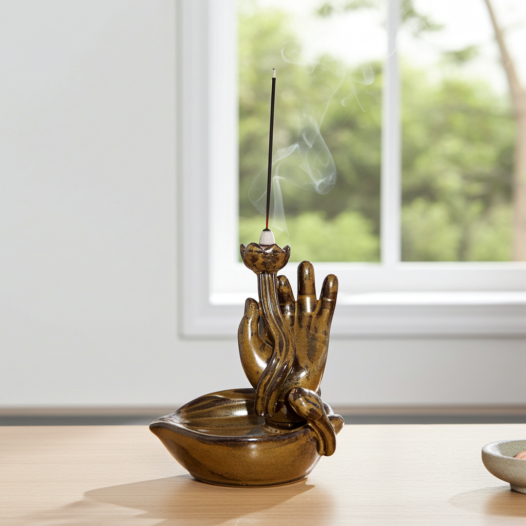 Ceramic Mudra Hand backflow incense burner for aromatherapy, mindfulness practice, and calming room ambiance.