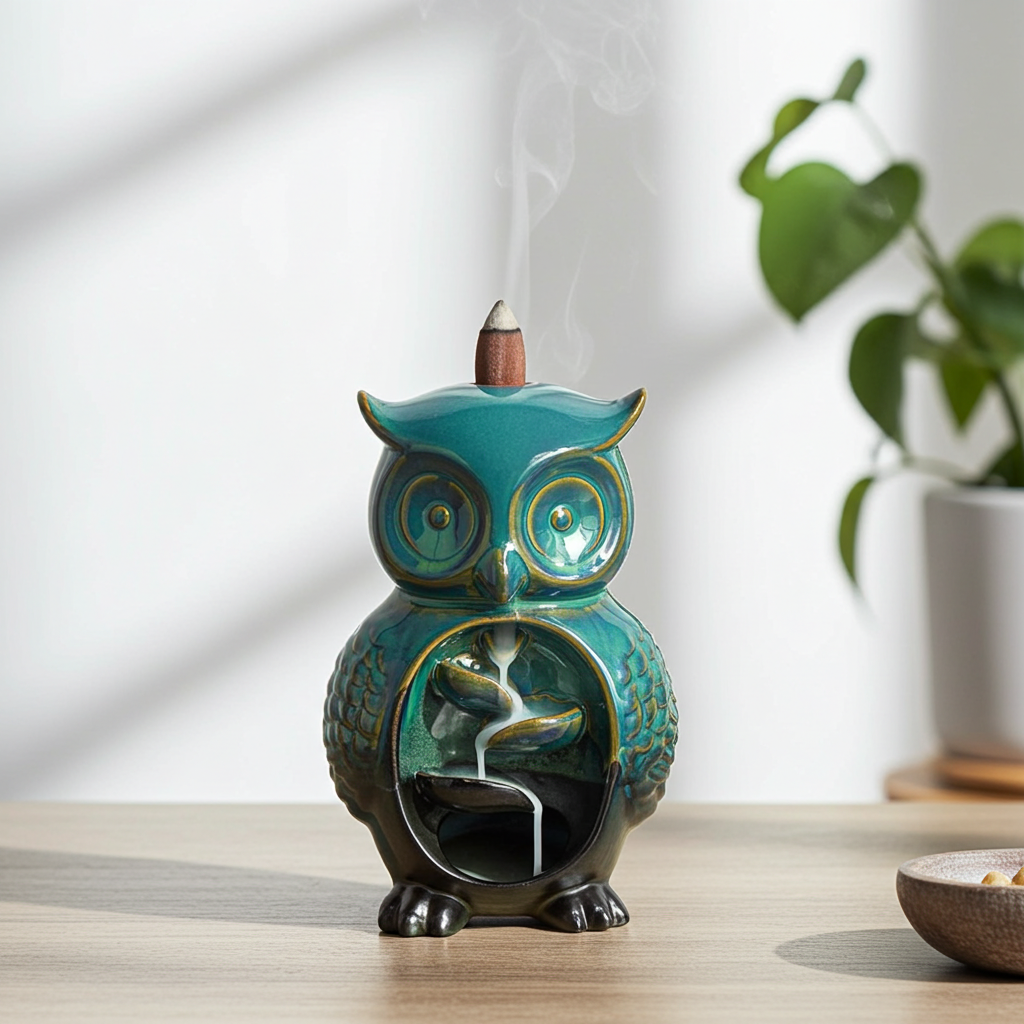 Ceramic owl backflow incense holder for burning backflow cones, aromatherapy, and calming room decor.
