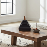 Ceramic Pyramid Backflow Burner incense holder for burning backflow cones during yoga, mindfulness, and calming room decor use.