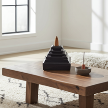 Ceramic Pyramid Backflow Burner incense holder for burning backflow cones during yoga, mindfulness, and calming room decor use.