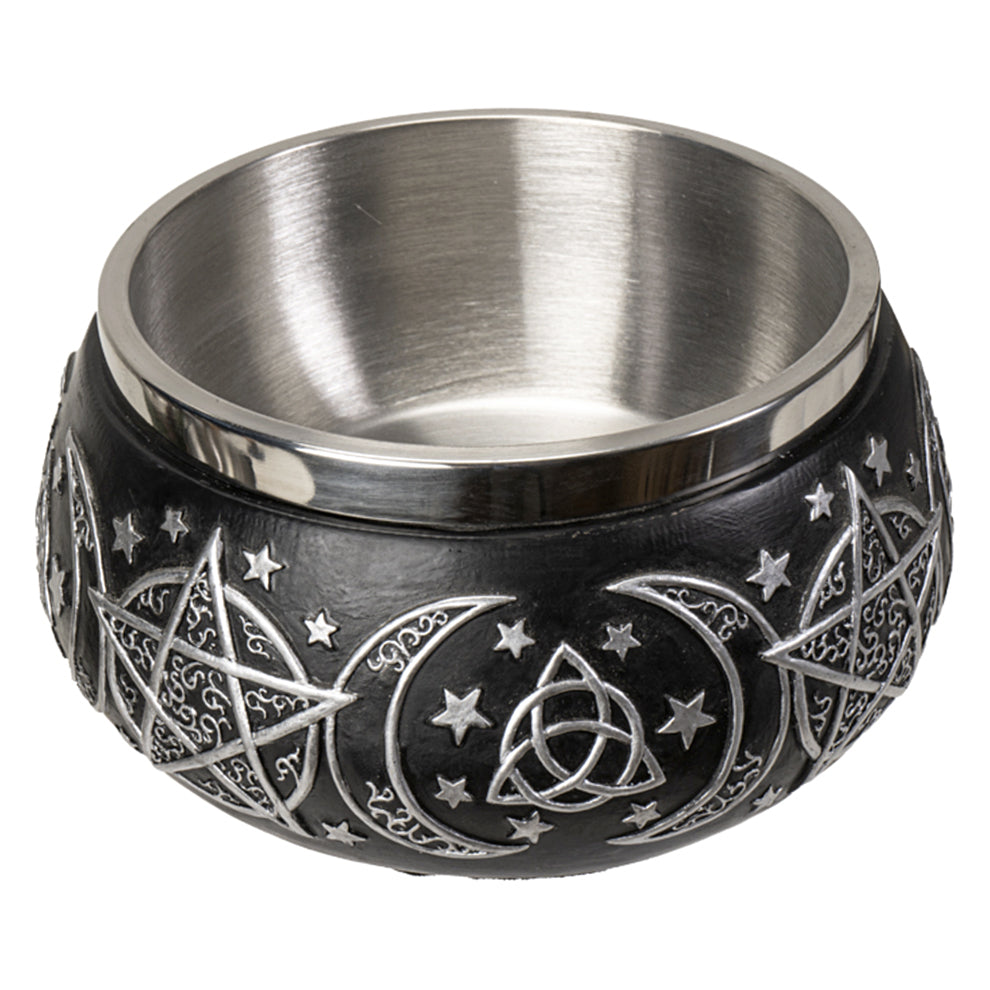 Ceramic Triple Moon Pentagram smudge bowl for smoke cleansing, ritual work, and altar display.