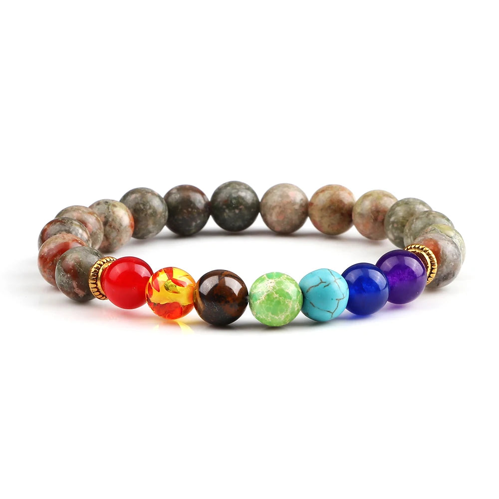 Chakra aromatherapy lava stone bracelet for diffusing essential oils, relaxation, and chakra healing.