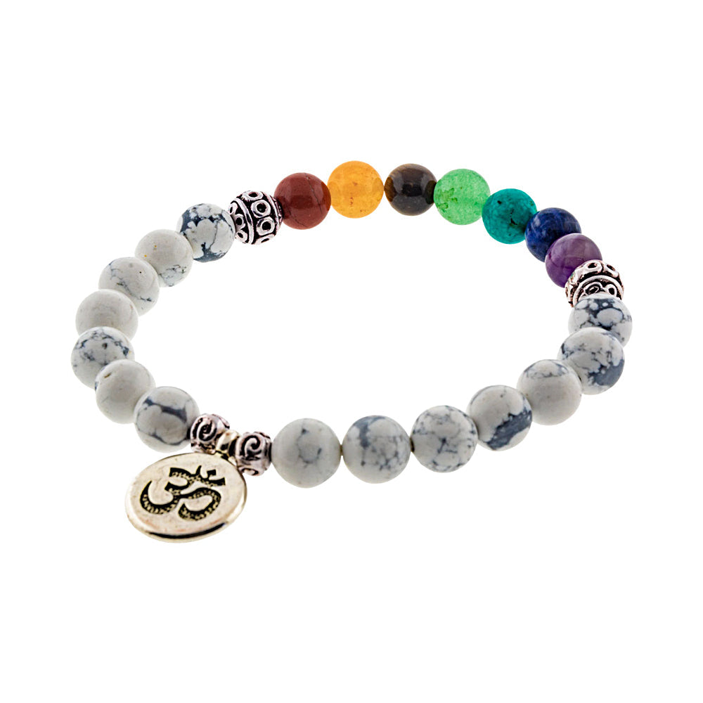 Chakra Elastic Bracelet, 8mm Howlite Beads with Om